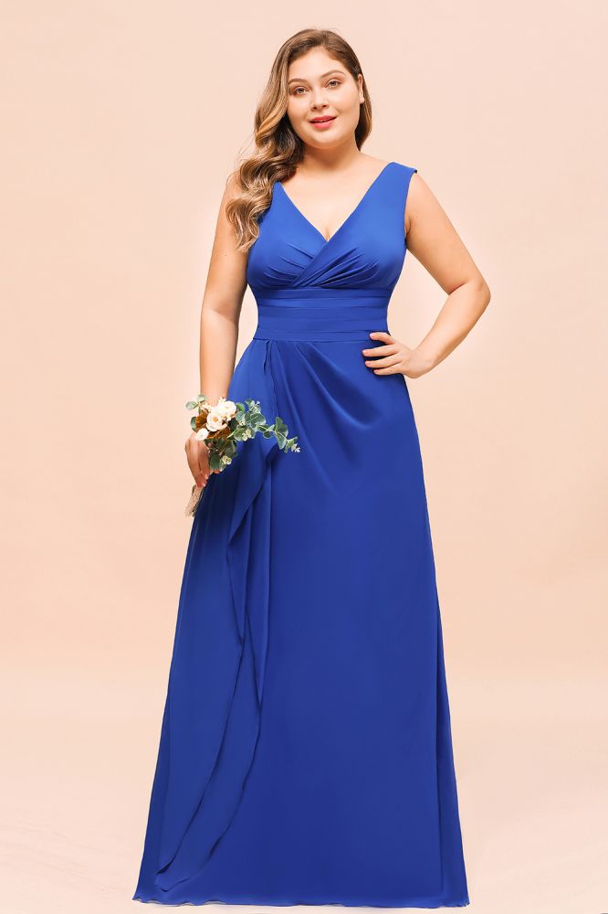 Plus Size Chiffon Sleeveless Royal Blue Bridesmaid Dress V-neck Simple Wedding Dress