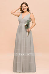 Plus Size Chiffon V-neck Sleeveless Affordable Bridesmaid Dresses with Ruffle