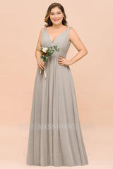 Plus Size Chiffon V-neck Sleeveless Affordable Bridesmaid Dresses with Ruffle