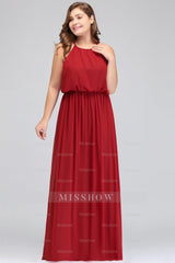 Plus Size Elegant Halter Red Chiffon Long Bridesmaid dresses with Ruffle