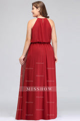 Plus Size Elegant Halter Red Chiffon Long Bridesmaid dresses with Ruffle