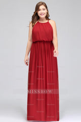 Plus Size Elegant Halter Red Chiffon Long Bridesmaid dresses with Ruffle