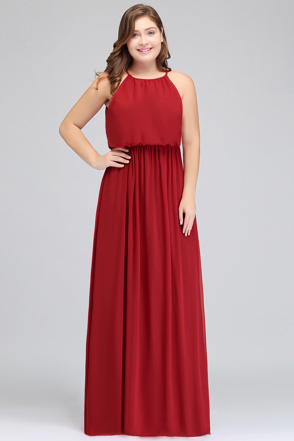 Plus Size Elegant Halter Red Chiffon Long Bridesmaid dresses with Ruffle