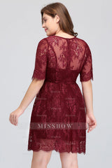 Plus size Jewel Burgundy Affordable Bridesmaid Dresses with Short Sleeves