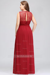 Plus Size Jewel Sleeveless Red Lace Long Bridesmaid Dresses with Ruffle