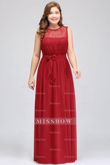 Plus Size Jewel Sleeveless Red Lace Long Bridesmaid Dresses with Ruffle