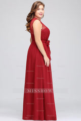 Plus Size Jewel Sleeveless Red Lace Long Bridesmaid Dresses with Ruffle