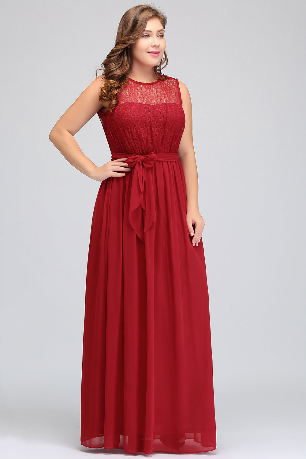 Plus Size Jewel Sleeveless Red Lace Long Bridesmaid Dresses with Ruffle