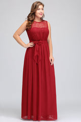 Plus Size Jewel Sleeveless Red Lace Long Bridesmaid Dresses with Ruffle