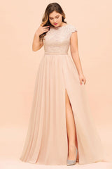 Plus Size Lace Pearl Pink Bridesmaid Dress Short Sleeves Side Split Wedding Party Dress
