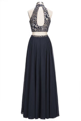 Plus Size Long Halter A-line Two-piece Crystals Beading Black Prom Dresses