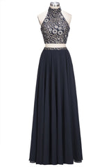 Plus Size Long Halter A-line Two-piece Crystals Beading Black Prom Dresses