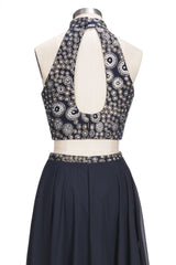 Plus Size Long Halter A-line Two-piece Crystals Beading Black Prom Dresses