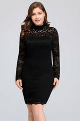 Plus size Mermaid Crew Short Long Sleeves Lace Black Cocktail Dresses