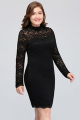 Plus size Mermaid Crew Short Long Sleeves Lace Black Cocktail Dresses
