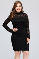 Plus size Mermaid Crew Short Long Sleeves Lace Black Cocktail Dresses