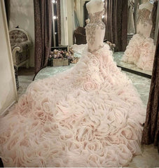 Plus Size Mermaid Crystal Lace Beads Sweetheart Long Train African Custom Made Ruffless Wedding Dress