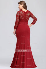 Plus Size Mermaid Long Red Lace Bridesmaid dresses with 3/4 Sleeves