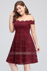 Plus Size Off-the-Shoulder Burgundy Lace Short Bridesmaid Dresses