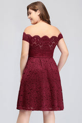 Plus Size Off-the-Shoulder Burgundy Lace Short Bridesmaid Dresses