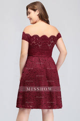 Plus Size Off-the-Shoulder Burgundy Lace Short Bridesmaid Dresses