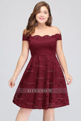 Plus Size Off-the-Shoulder Burgundy Lace Short Bridesmaid Dresses