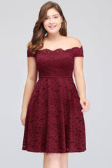 Plus Size Off-the-Shoulder Burgundy Lace Short Bridesmaid Dresses