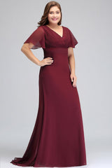 Plus size V-neck Mermaid Floor Length Short Sleeves Burgundy Evening Dresses with Sash