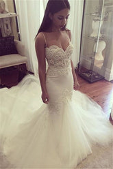 Pretty Spaghetti-Straps Sweetheart Wedding Dress Summer Sheath Tulle Bridal Gown