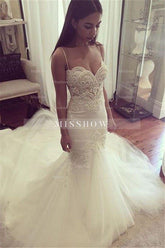 Pretty Spaghetti-Straps Sweetheart Wedding Dress Summer Sheath Tulle Bridal Gown