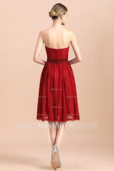 Pretty Strapless Red Lace Bridesmaid dresses Sleeveless Short Wedding Party Dress with Sash