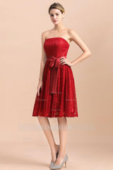 Pretty Strapless Red Lace Bridesmaid dresses Sleeveless Short Wedding Party Dress with Sash