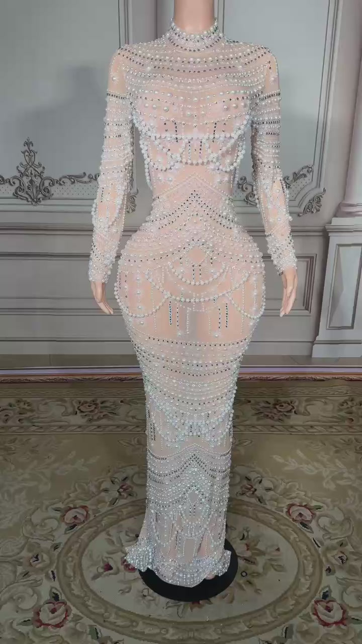 Shining White High-Neck Column Beaded Long Sleeve Slit Long Tulle Evening Dresses With Pearls