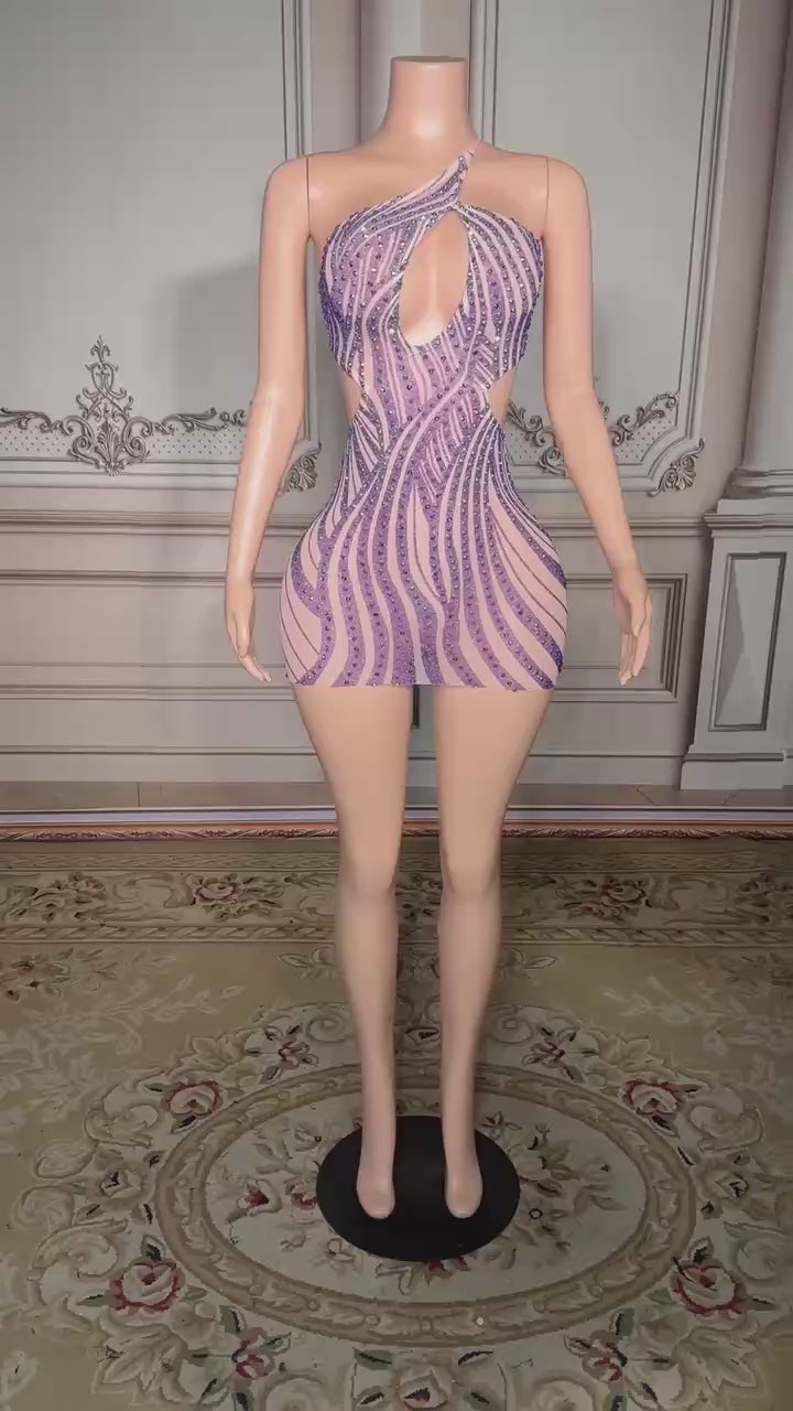 Sexy Purple One-Shoulder Beaded Sleeveless Backless Column Tulle Stripe Short Evening Dresses With Rhinestones