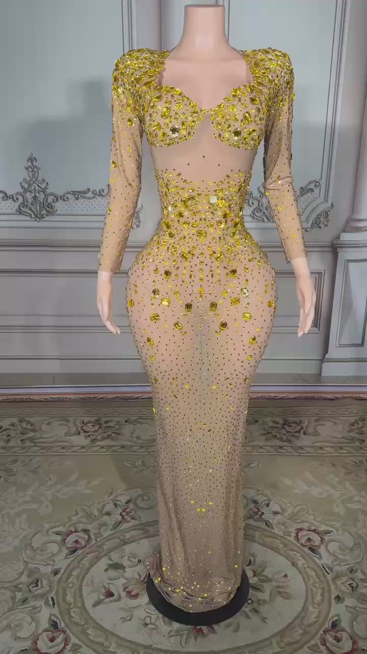 Shining Gold Sweetheart Column Beaded Long Sleeve Floor-Length Tulle Evening Dresses With Rhinestones
