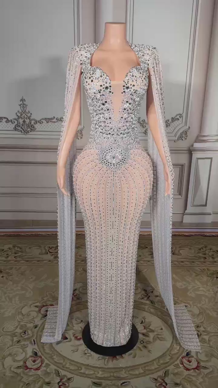 Elegant Silver V-Neck Column Beaded Cap Sleeveless Floor-Length Slit Tulle Evening Dresses With Pearls And Rhinestones