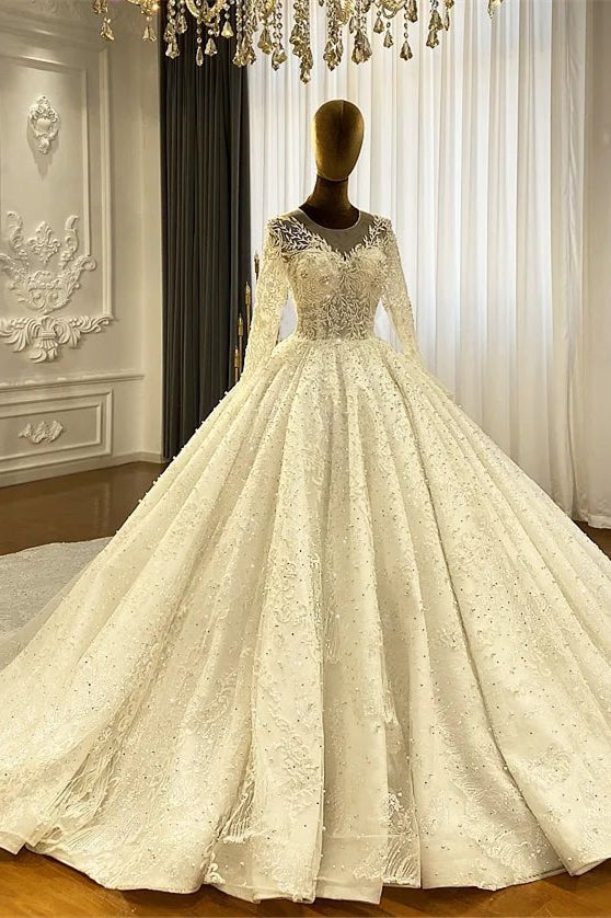 Princess Elegant A-line Long Sleeves Lace Wedding Dress With Train