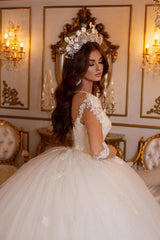 Princess Long A-line V-neck Lace Wedding Dresses With Long Sleeves