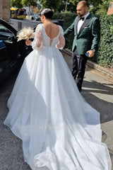 Princess Long V-neck A-line Lace Wedding Dresses With Long Sleeves