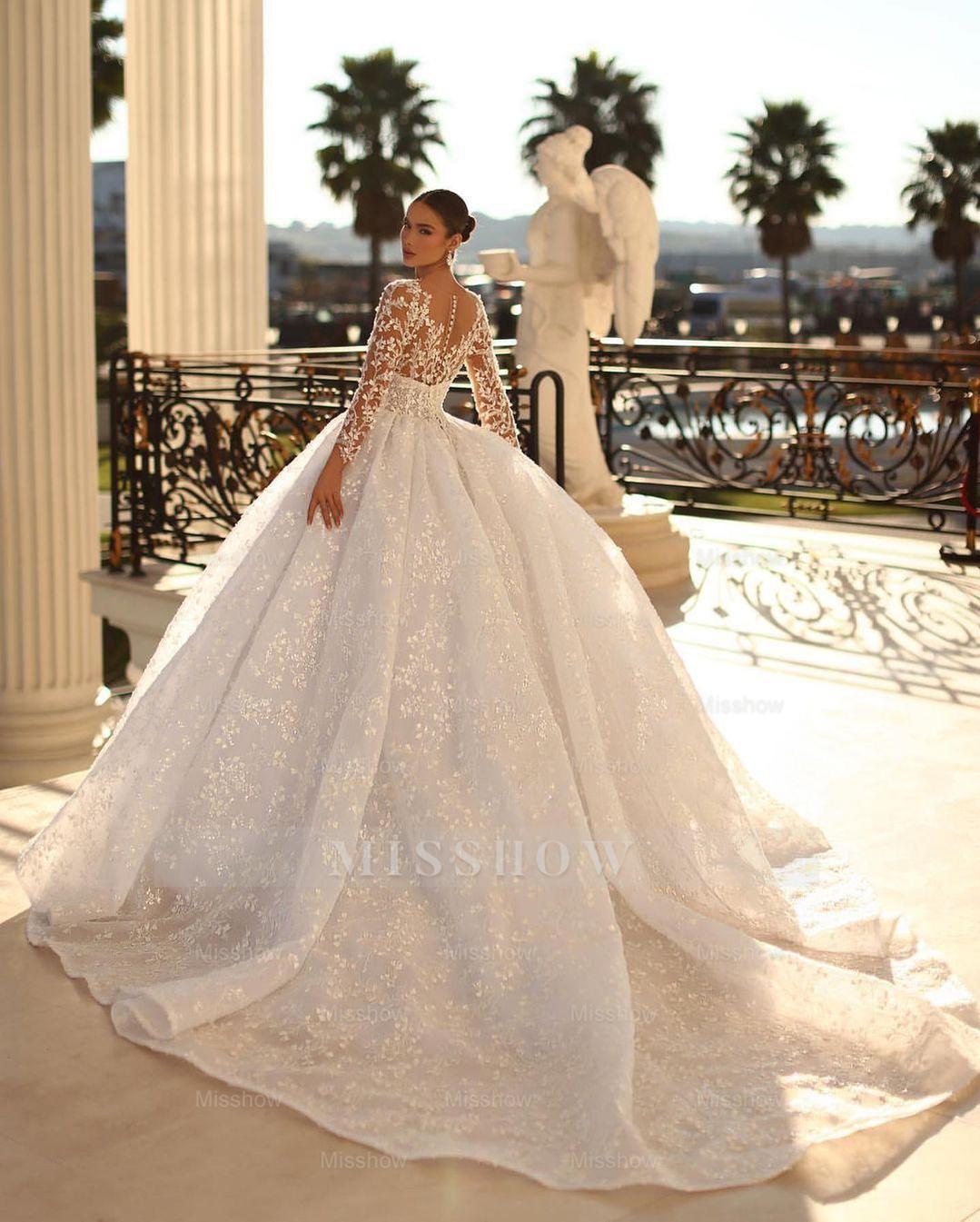 Princess Long White A-line V-neck Lace Wedding Dress With Long Sleeves