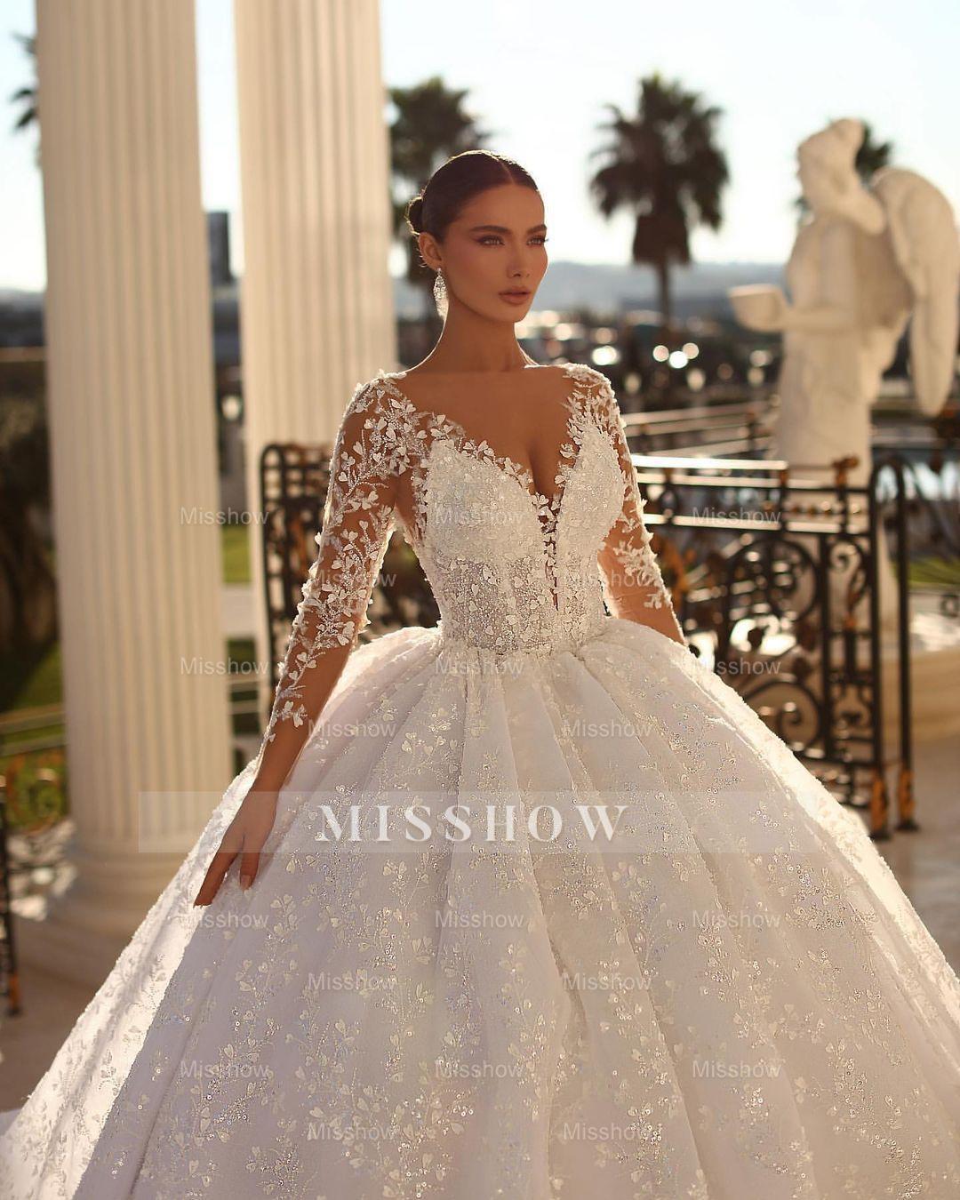 Princess Long White A-line V-neck Lace Wedding Dress With Long Sleeves
