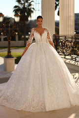 Princess Long White A-line V-neck Lace Wedding Dress With Long Sleeves