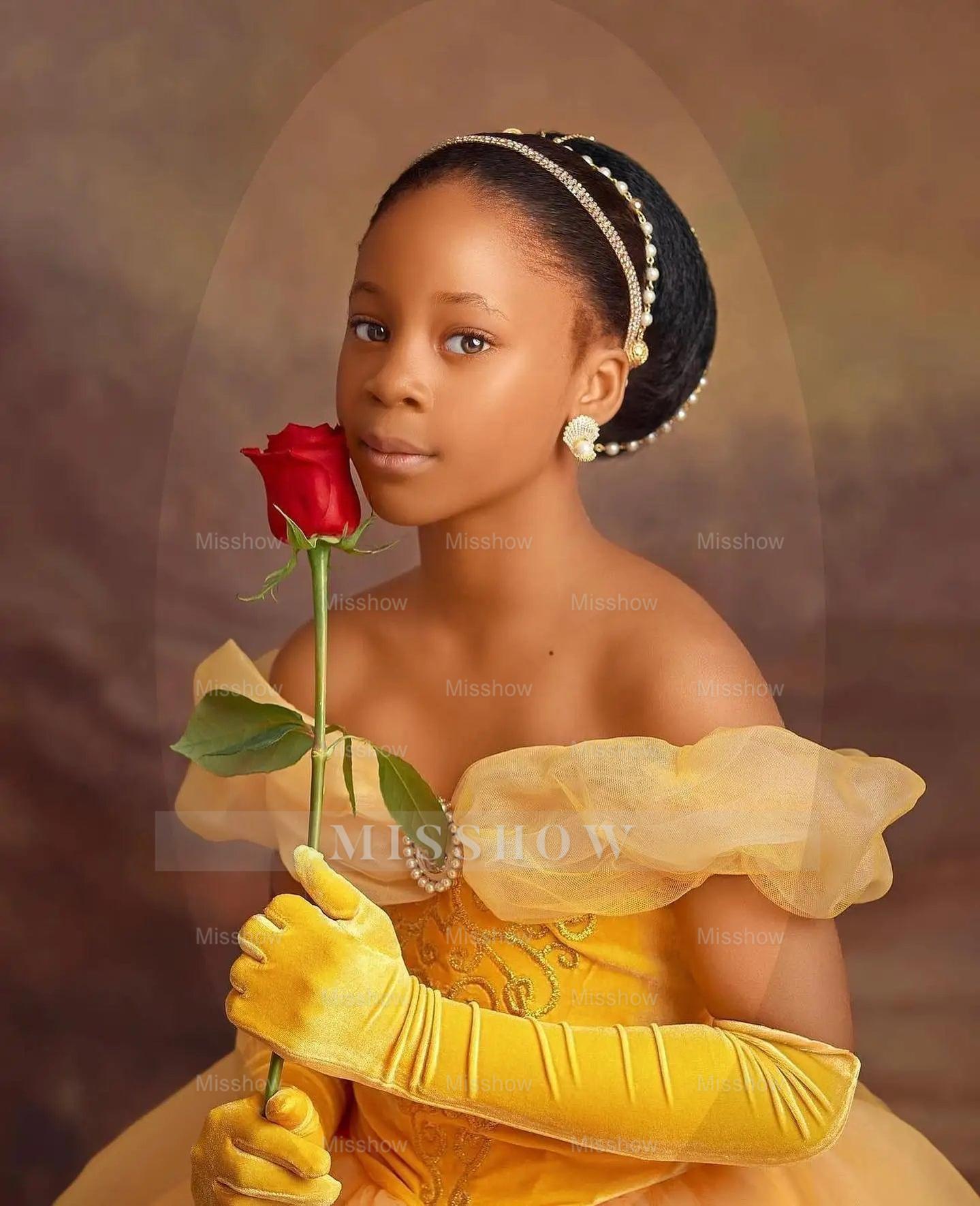 Princess Off The Shoulder Yellow Girl Pageant Lace Flower Girls Dresses for Wedding