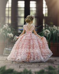Princess Pink A-line Cap Sleeves Lace Flower Girls Dress