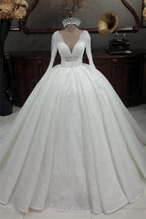 Princess V-neck Glitter A-line Wedding Dresses With Sleeves