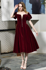 Puff Sleeve Ankle Length Velvet Daily Casual Dress Deep V-Neck Vintage Party Dress