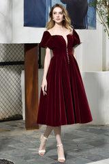 Puff Sleeve Ankle Length Velvet Daily Casual Dress Deep V-Neck Vintage Party Dress