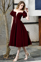 Puff Sleeve Ankle Length Velvet Daily Casual Dress Deep V-Neck Vintage Party Dress