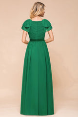Puff Sleeve Floor Length Bridesmaid Dress A-line Wedding Guest Dress
