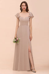 Puff Sleeve Khaki Bridesmaid Dress Side Spolit Maid of honor dress